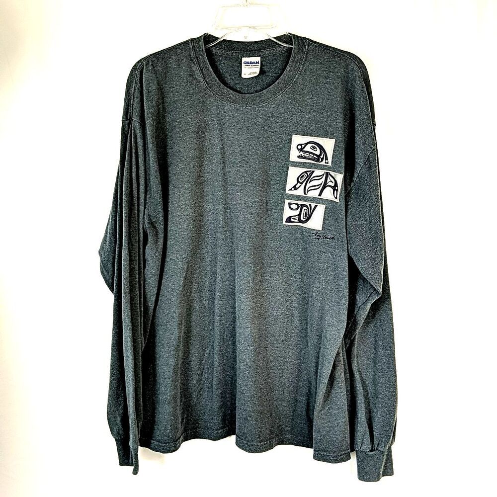 Tony Hunt Native American Artist Long Sleeve T-Shirt Killer Whale Men XL Gray